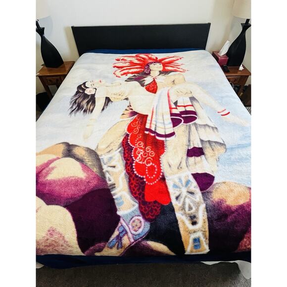 Gorgeous Plush Throw Blanket 94x82" Colorful Native American Chief Carrying Lady - Picture 2 of 15